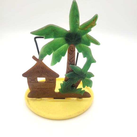 Vintage Napkin or Letter Holder Island Tiki Palm Tree & Hut 4.5" - Picture 1 of 8